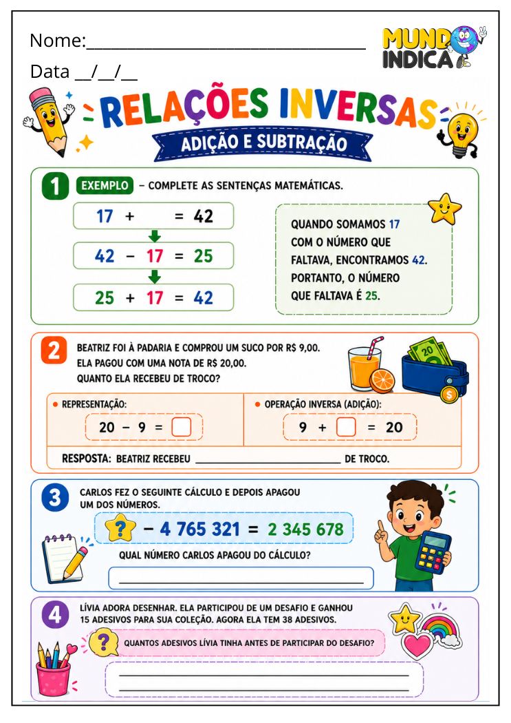 Atividade de Matemática 4º Ano sobre Relações Inversas entre Adição e Subtração para Imprimir (BNCC)