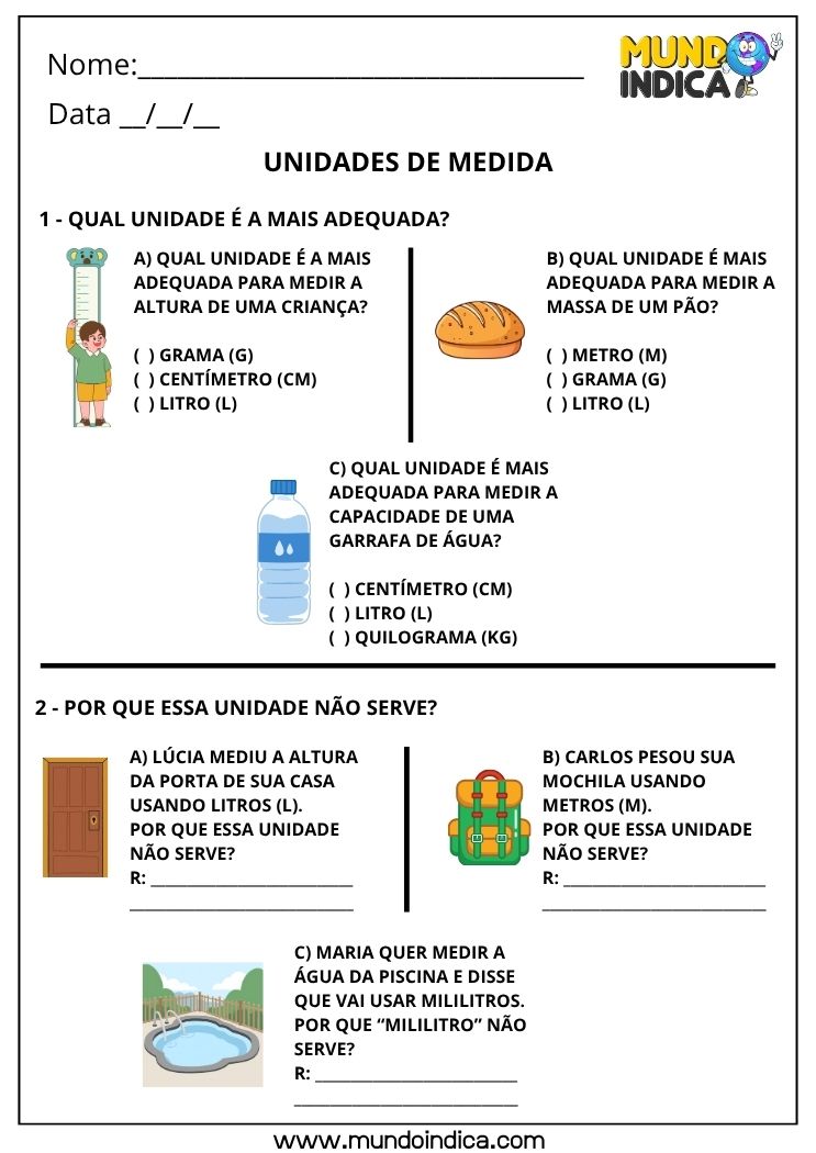Atividade de Matemática para o 3º ano sobre Unidades de Medida