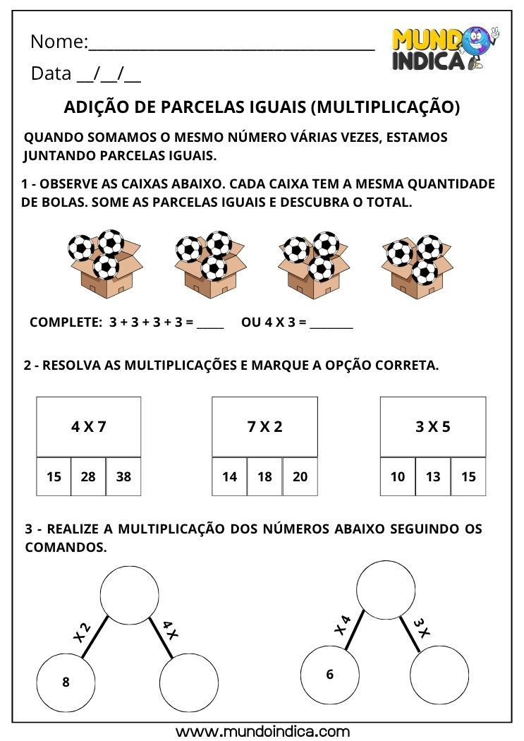 Atividade de Multiplicação (Adição de Parcelas Iguais) para o 2º Ano