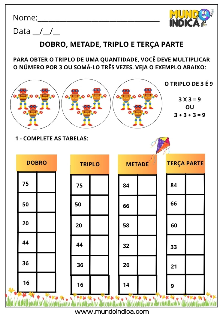 Atividade sobre Dobro, Metade, Triplo e Terça Parte para o 2º ano
