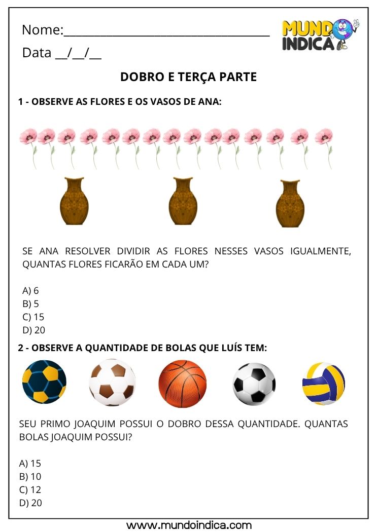 Atividade sobre Dobro e Terça Parte para o 2º ano