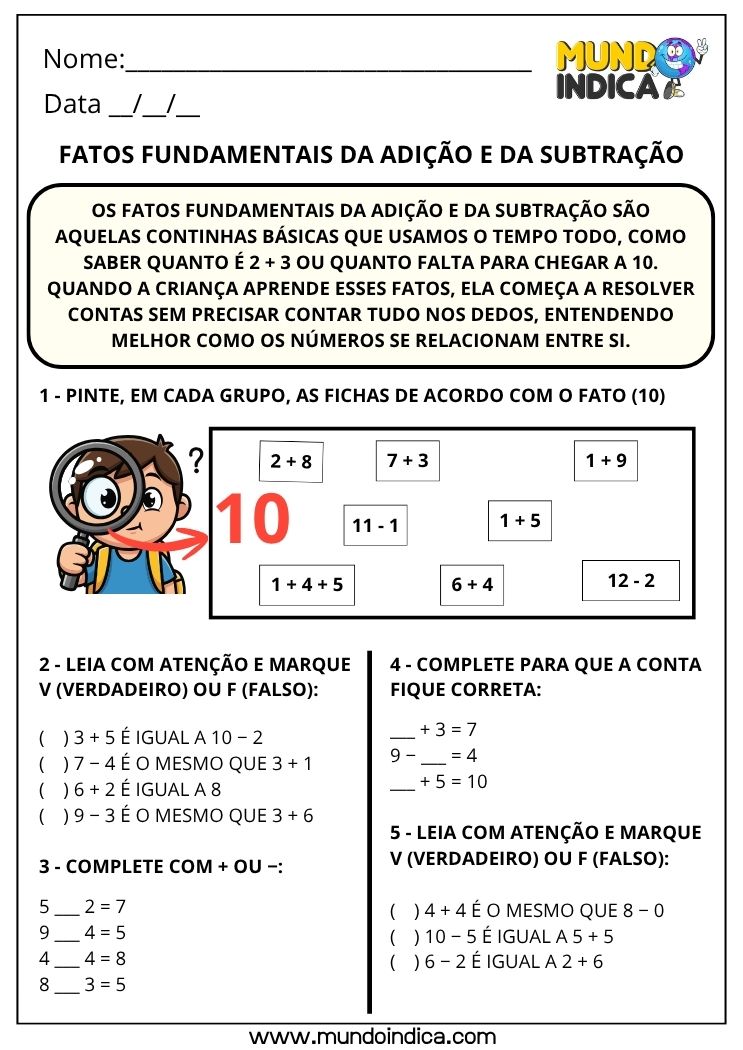 Atividade sobre Fatos Fundamentais da Adição e da Subtração para o 2º Ano