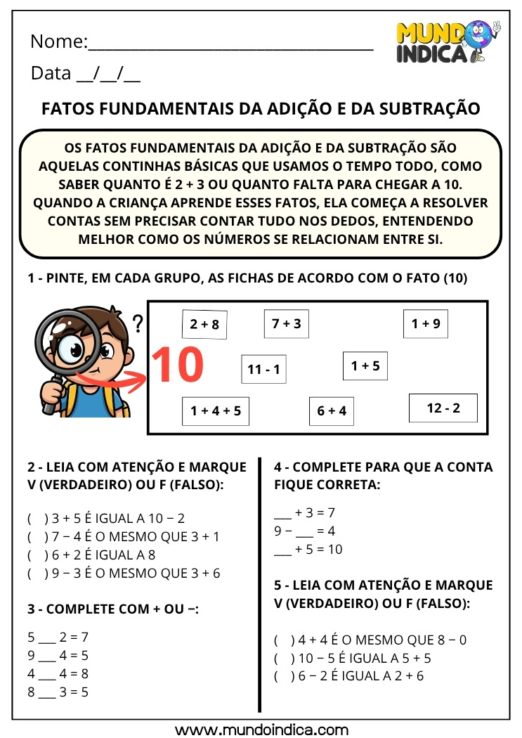 Atividade sobre Fatos Fundamentais da Adição e da Subtração para o 2º Ano