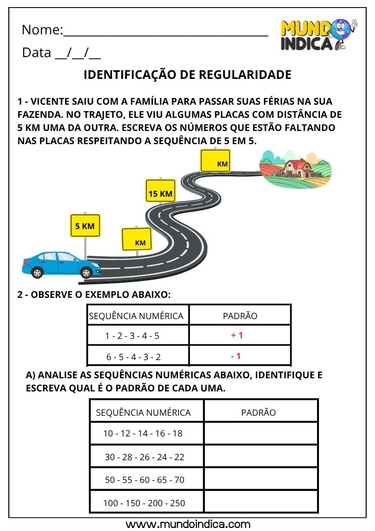 Atividade sobre Identificação de Regularidade para o 2º ano