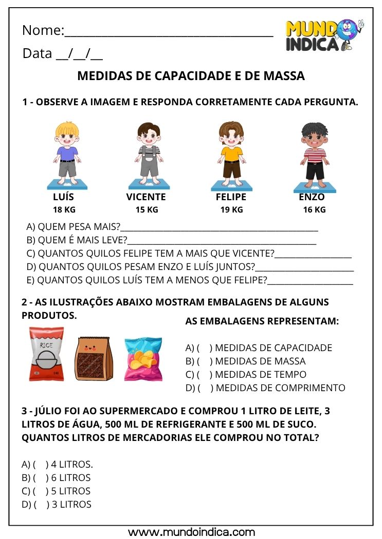 Atividade sobre Medidas de Capacidade e de Massa para o 2º Ano