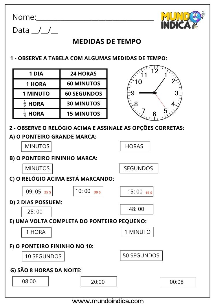Atividade sobre Medidas de Tempo para 1º Ano