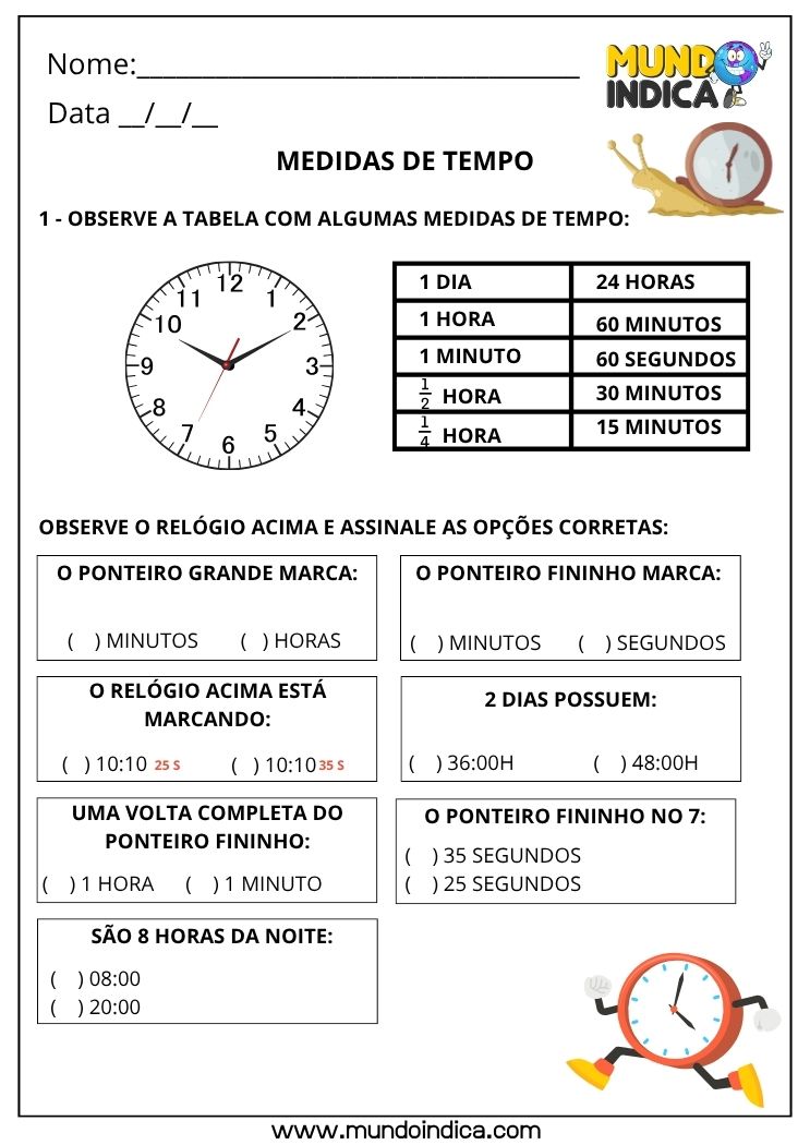 Atividade sobre Medidas de Tempo para 2º Ano
