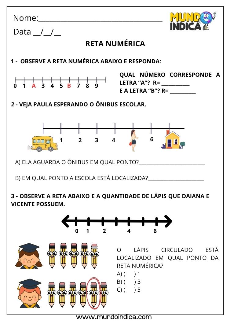 Atividade sobre Reta Numérica para o 1° ano (EF01MA05)