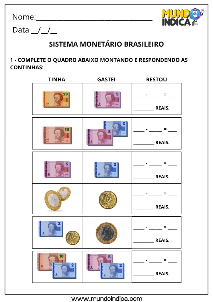 Atividade sobre o Sistema Monetário Brasileiro para o 2º Ano Fundamental