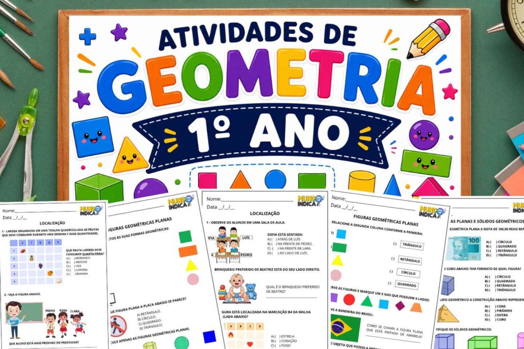 Atividades de Matemática 1º ano sobre Geometria segundo a BNCC (EF01MA11 a EF01MA14) para Imprimir