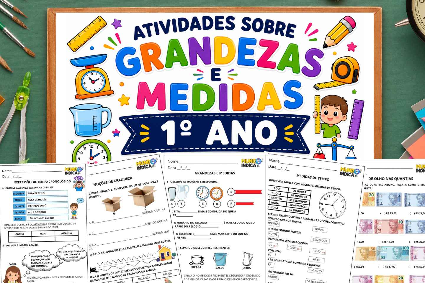 Atividades de Matemática 1º ano sobre Grandezas e Medidas segundo a BNCC (EF01MA15 a EF01MA19) para Imprimir