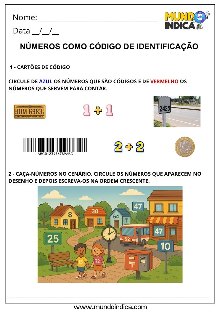 Atividades de Matemática 1º ano sobre Números como Código de Identificação segundo a BNCC (EF01MA01)