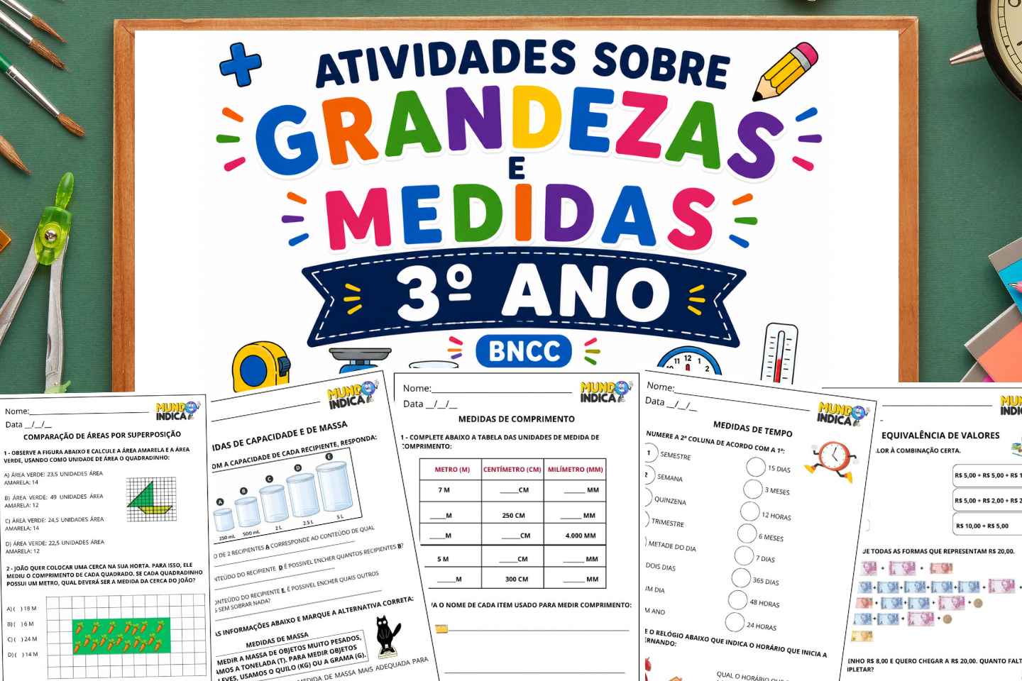 Atividades de Matemática 3º ano sobre Grandezas e Medidas segundo a BNCC (EF03MA17 a EF03MA24) para Imprimir