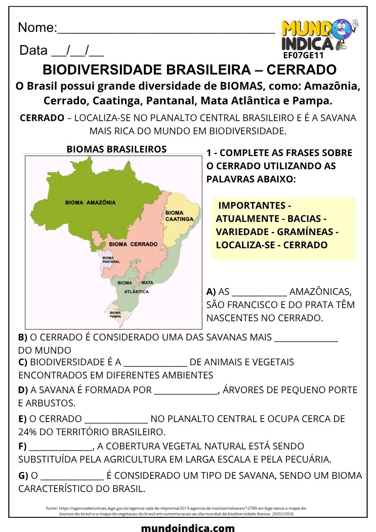 Atividade de Geografia 7 ano Biodiversidade Brasileira Cerrado