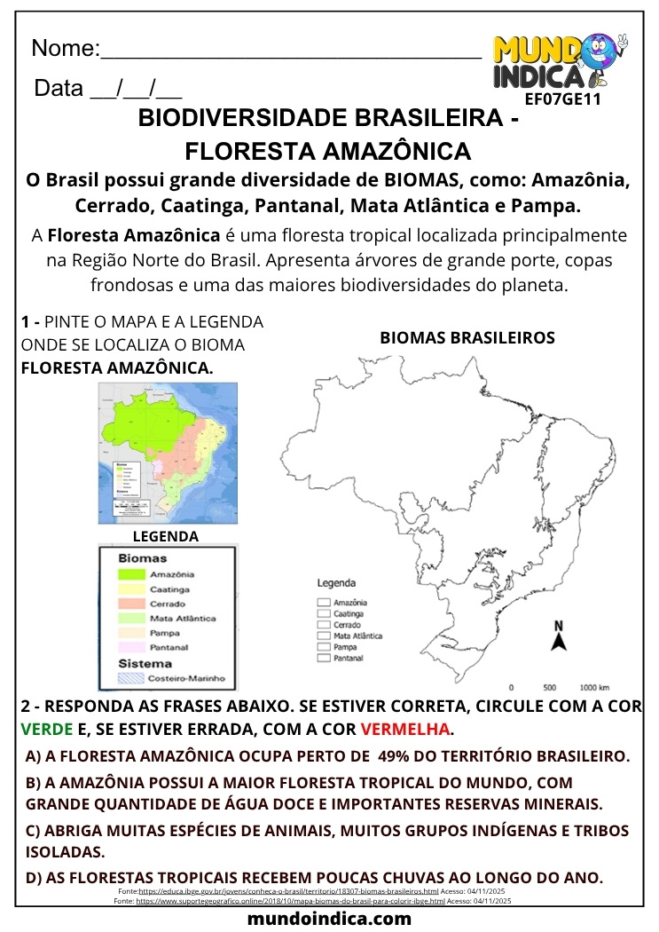 Atividade de Geografia 7 ano Biodiversidade Brasileira Floresta Amazônica