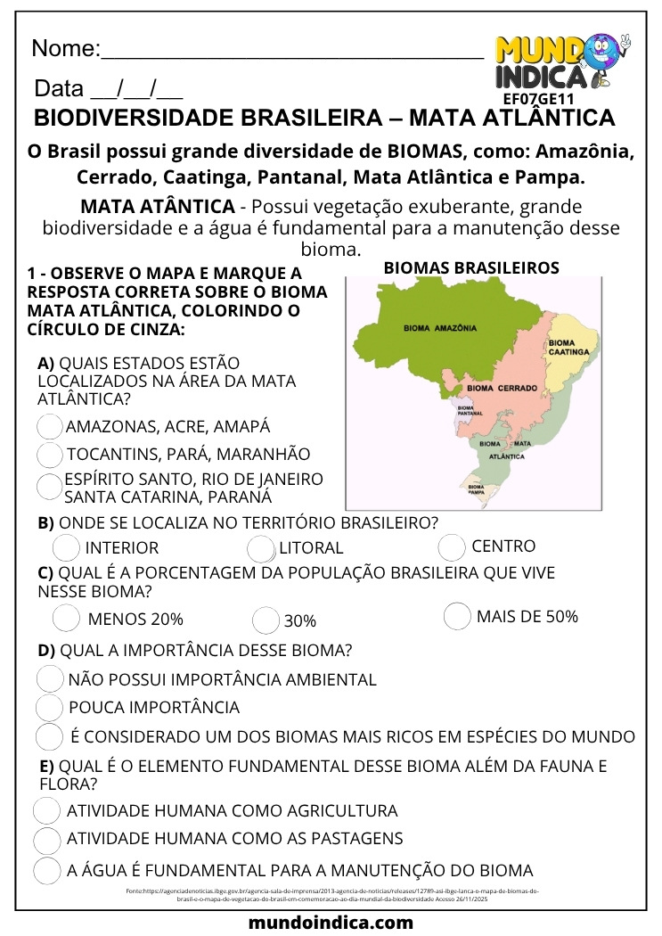 Atividade de Geografia 7 ano Biodiversidade Brasileira Mata Atlântica