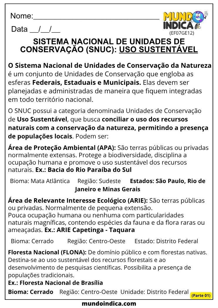 Atividade de Geografia 7 ano Sistema Nacional de Unidades de Conservação (SNUC) Uso Sustentável para Imprimir