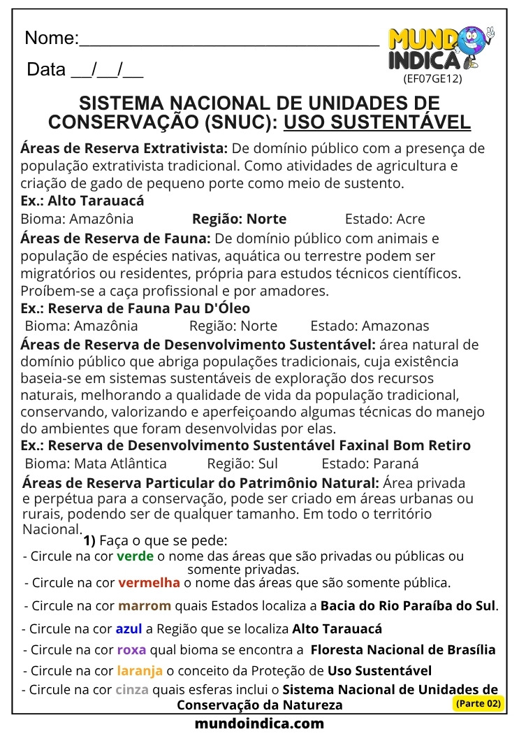 Atividade de Geografia 7 ano Sistema Nacional de Unidades de Conservação (SNUC) Uso Sustentável