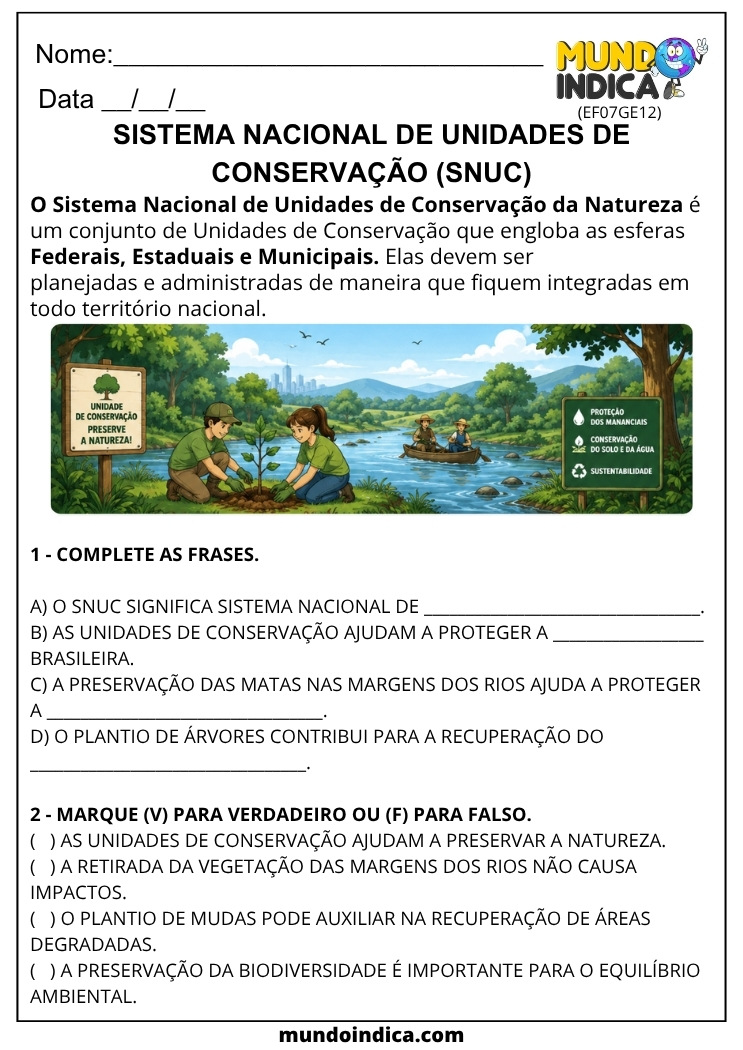 Atividade de Geografia 7 ano Sistema Nacional de Unidades de Conservação (SNUC) para Imprimir