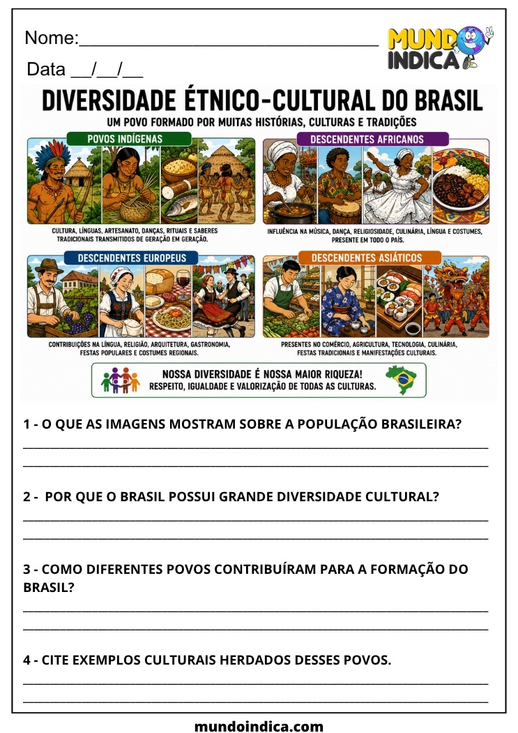 Atividade de Geografia 7 ano do Ensino Fundamental Características da População Brasileira Diversidade Étnico-Cultural do Brasil
