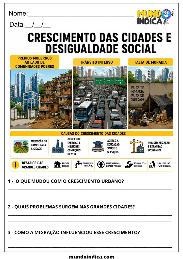 Atividade de Geografia 7º Ano sobre Crescimento das Cidades, Migração e Desigualdade Social (EF07GE02)