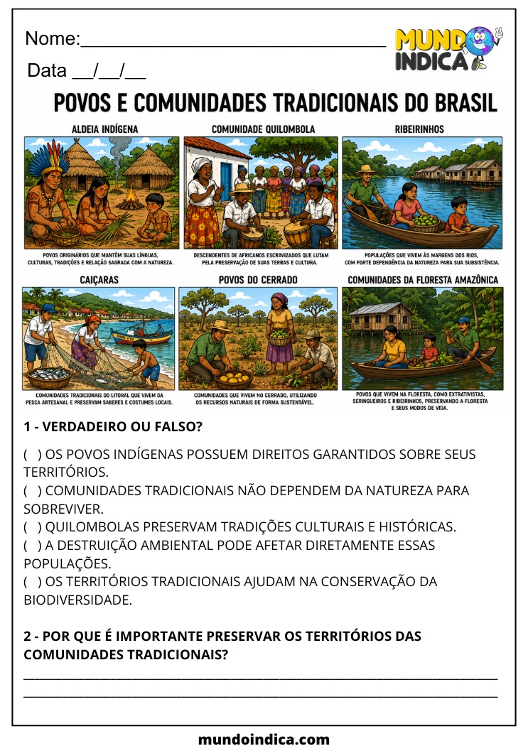 Atividade de Geografia 7º Ano sobre Direitos e Preservação das Comunidades Tradicionais para Imprimir