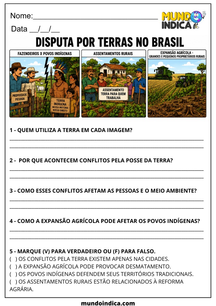 Atividade de Geografia 7º Ano sobre Disputa por Terras e Conflitos Territoriais no Brasil (EF07GE02)
