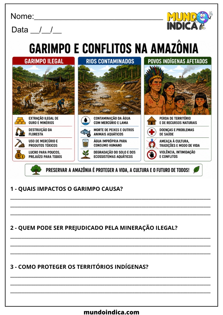 Atividade de Geografia 7º Ano sobre Garimpo Ilegal na Amazônia para Imprimir