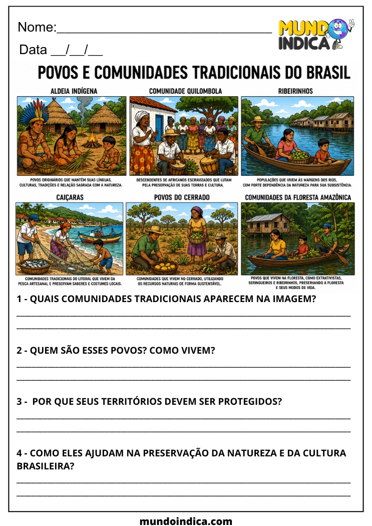 Atividade de Geografia 7º Ano sobre Identificação dos Povos e Comunidades Tradicionais para Imprimir