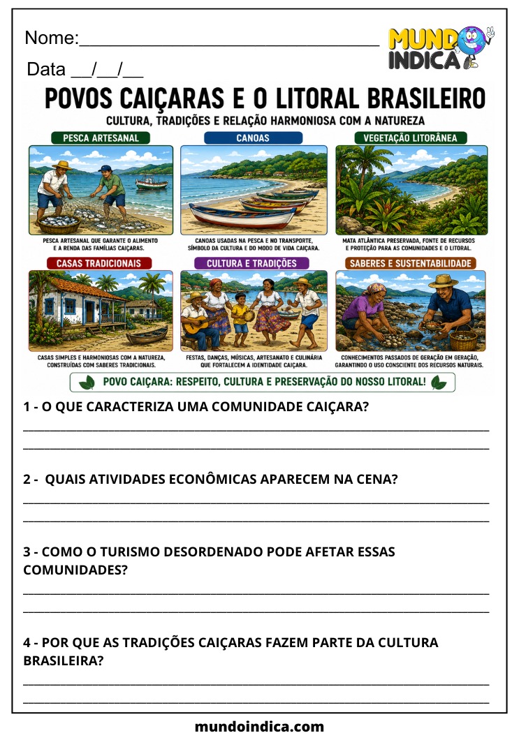 Atividade de Geografia 7º Ano sobre Povos Caiçaras para Imprimir