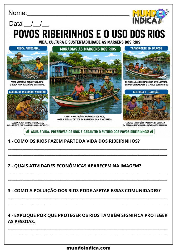 Atividade de Geografia 7º Ano sobre Povos Ribeirinhos para Imprimir
