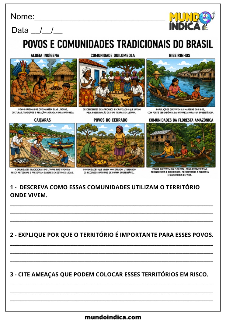 Atividade de Geografia 7º Ano sobre Povos e Comunidades Tradicionais do Brasil para Imprimir