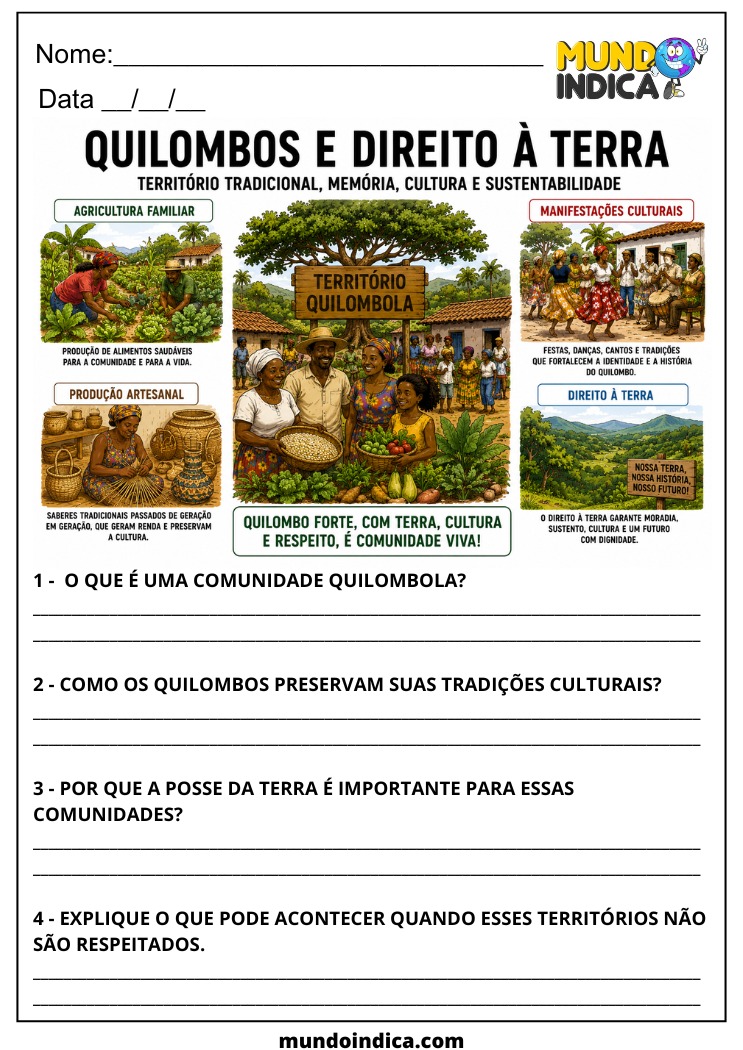 Atividade de Geografia 7º Ano sobre Quilombos e Direito à Terra para Imprimir