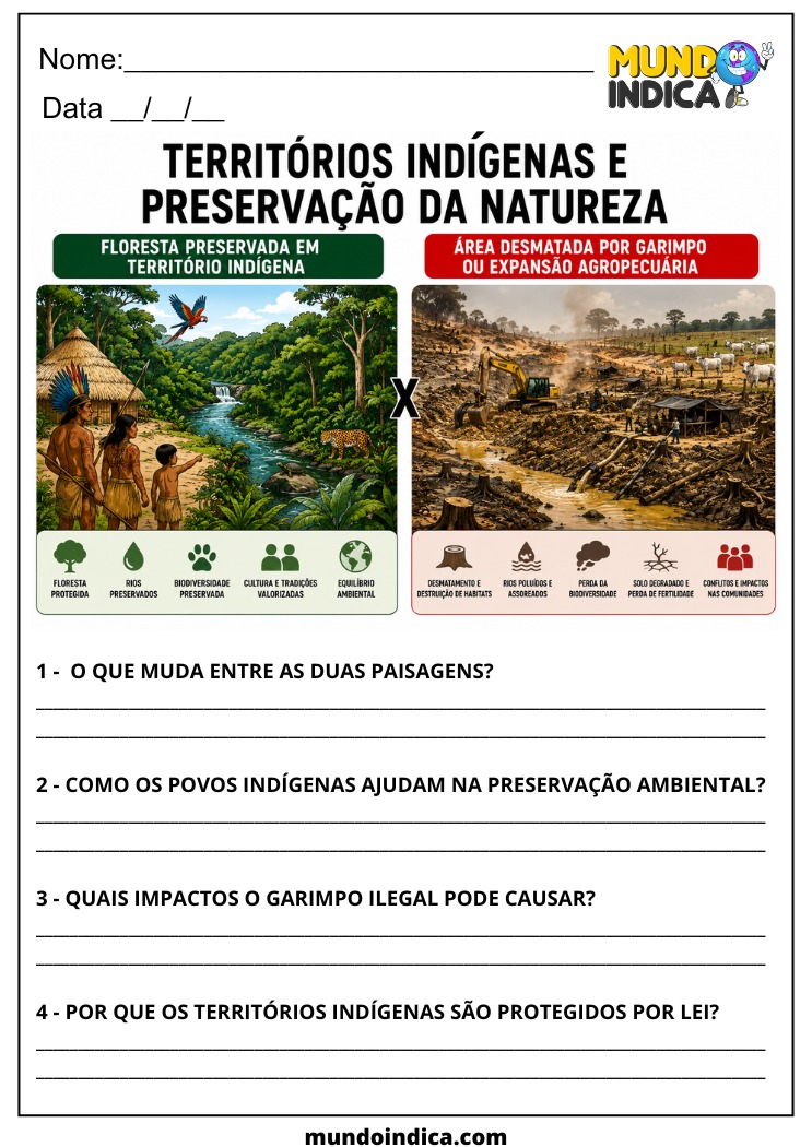 Atividade de Geografia 7º Ano sobre Territórios Indígenas e Preservação da Natureza para Imprimir