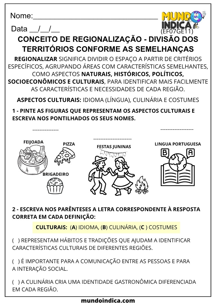 Atividade de Geografia 7º ano com Conceito de Regionalização e Divisão dos Territórios Características Culturais