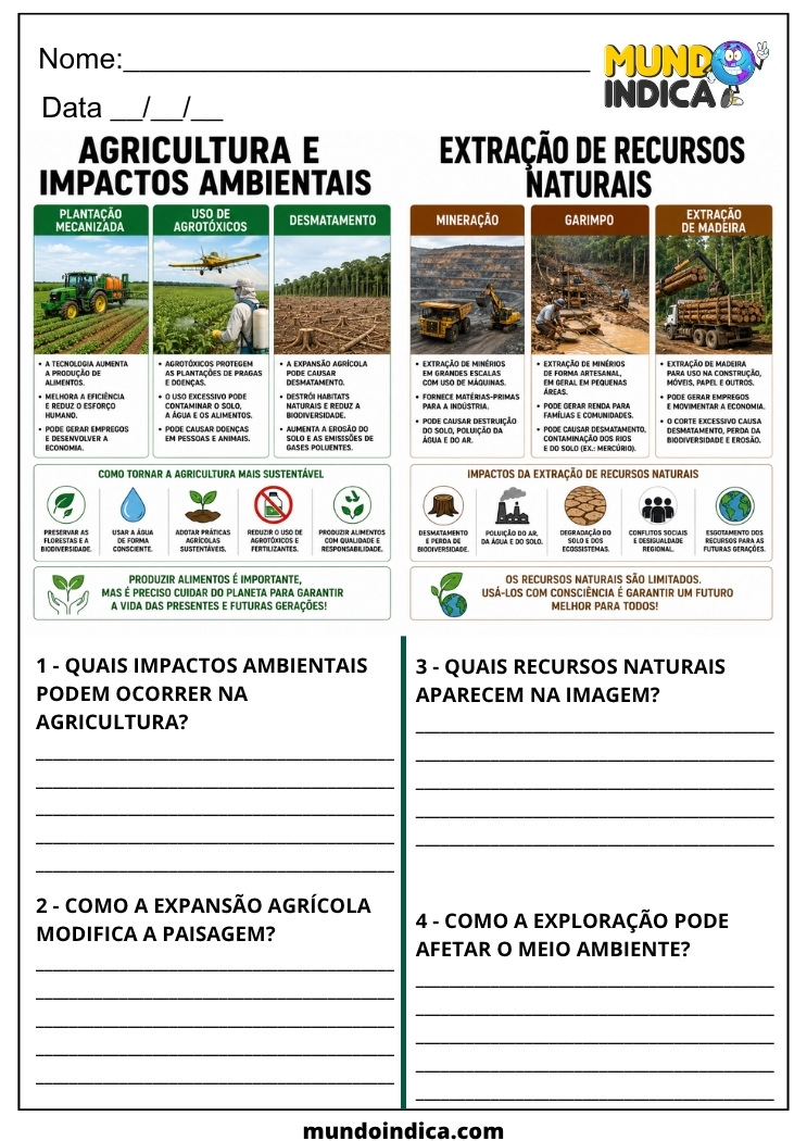 Atividade de Geografia para 7 ano Agricultura e Impactos Ambientais x Extração de Recursos Naturais