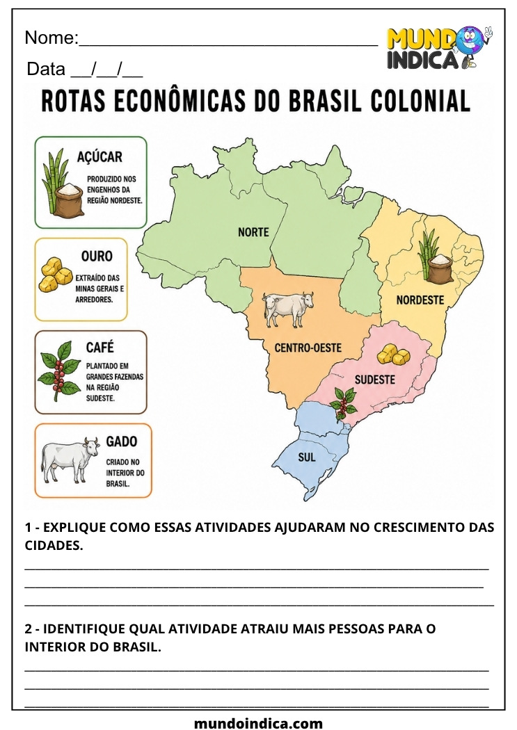 Atividade de Geografia para 7 ano Formação Territorial do Brasil com Rotas Econômicas Colonial para Imprimir