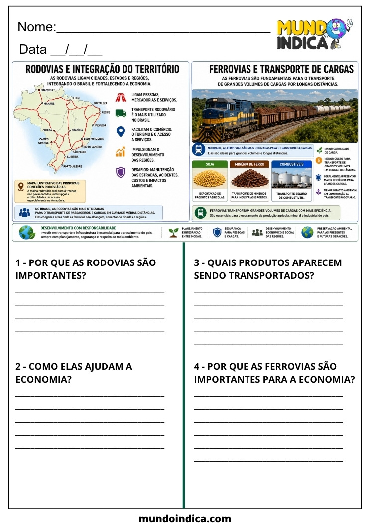 Atividade de Geografia para 7 ano Rodovias e Integração do Território x Ferrovias e Transporte de Cargas