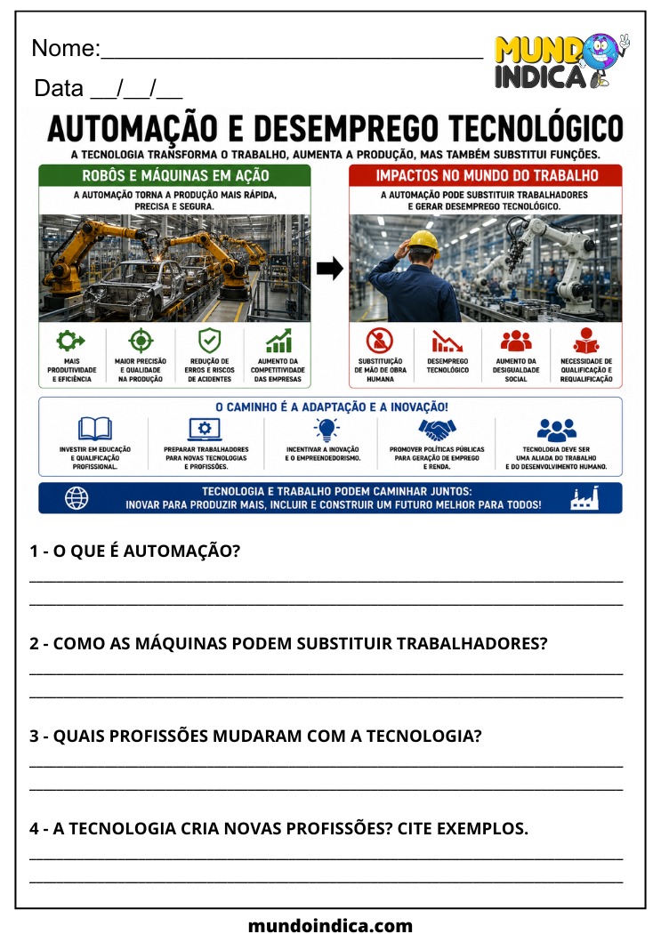 Atividade de Geografia sobre Automação e Desemprego Tecnológico para o 7º Ano para Imprimir