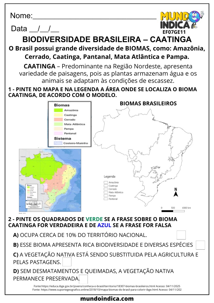 Atividade de Geografia sobre Biodiversidade Brasileira e Caatinga para o 7º Ano para Imprimir