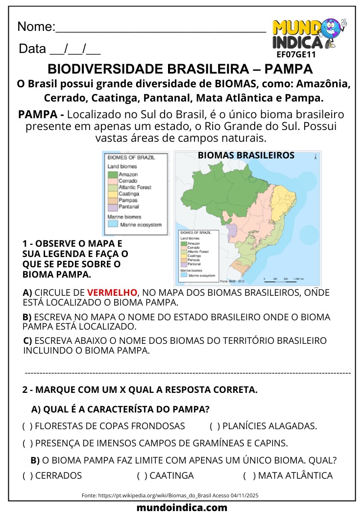 Atividade de Geografia sobre Biodiversidade Brasileira e Pampa para o 7º Ano para Imprimir