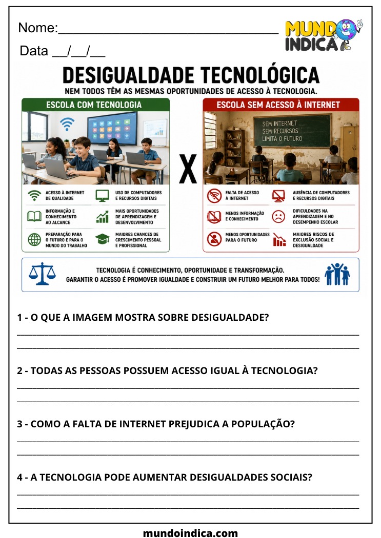 Atividade de Geografia sobre Desigualdade Digital no Brasil para o 7º Ano para Imprimir