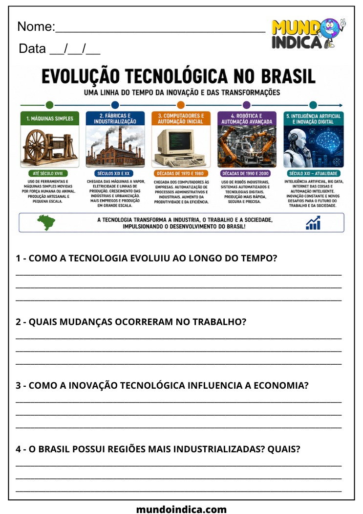 Atividade de Geografia sobre Evolução Tecnológica no Brasil para o 7º Ano para Imprimir