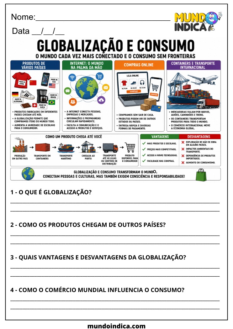 Atividade de Geografia sobre Globalização e Consumo para o 7º Ano para Imprimir
