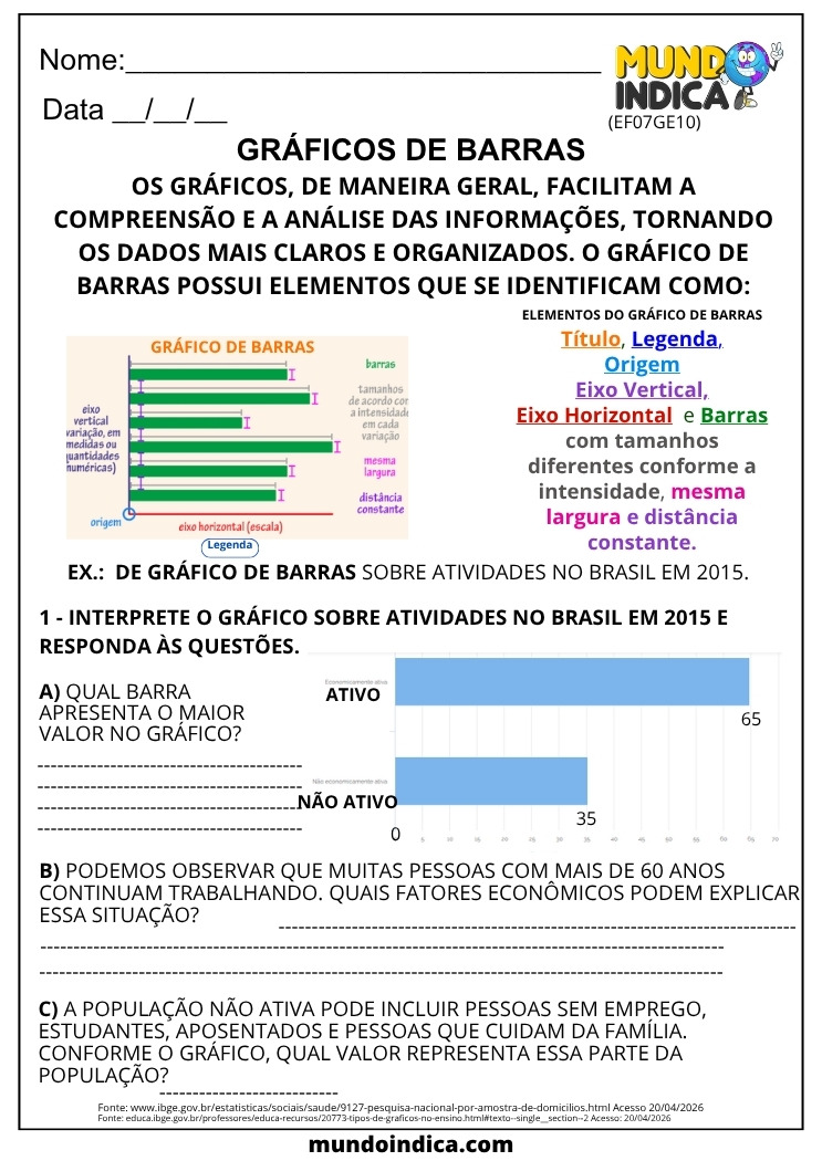 Atividade de Geografia sobre Gráfico de Barras e População Ativa para o 7º Ano para Imprimir