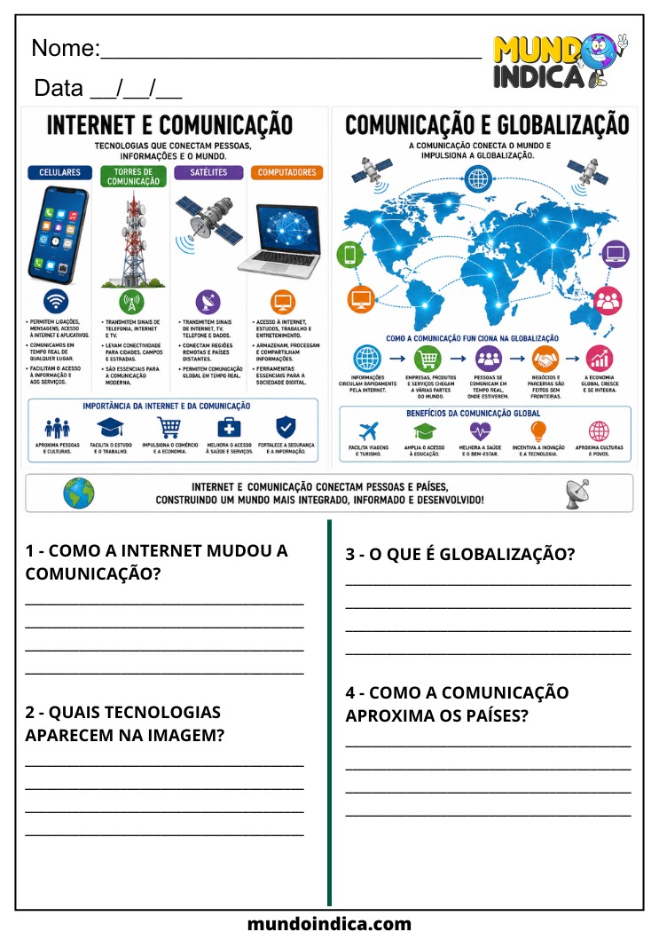 Atividade de Geografia sobre Internet e Globalização para o 7º Ano para Imprimir