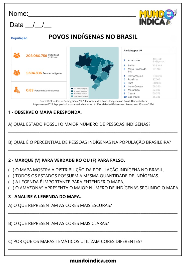 Atividade de Geografia sobre Mapa Temático dos Povos Indígenas no Brasil para o 7º Ano para Imprimir
