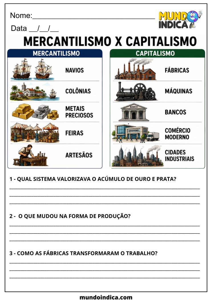 Atividade de Geografia sobre Mercantilismo e Capitalismo para o 7º Ano EF07GE05
