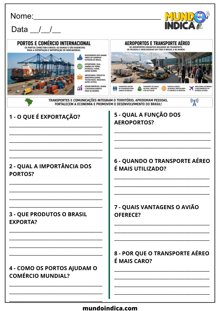 Atividade de Geografia sobre Portos, Aeroportos e Transporte Aéreo para o 7º Ano para Imprimir