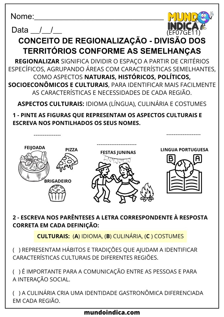 Atividade de Geografia sobre Regionalização e Aspectos Culturais para o 7º Ano para Imprimir